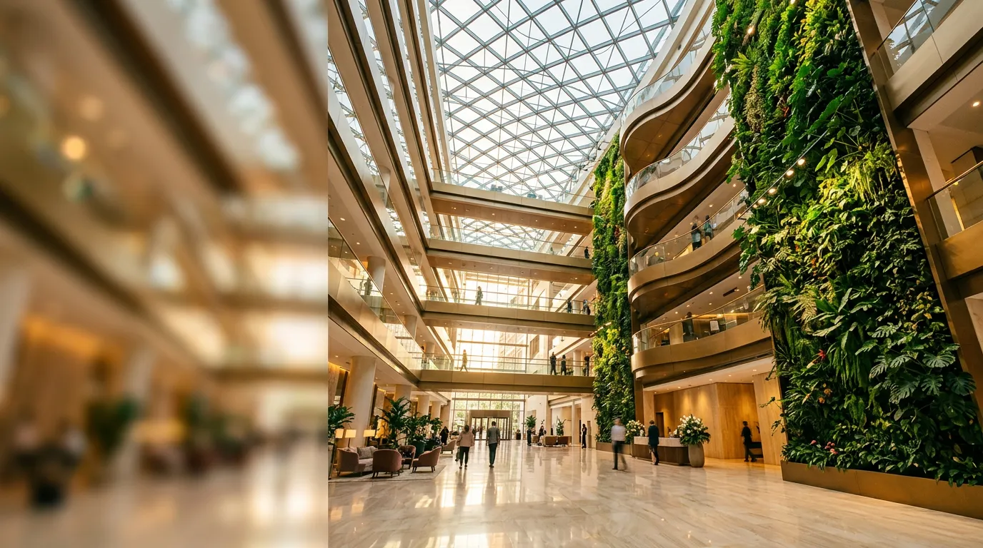 Modern building atrium with living green walls and natural light
