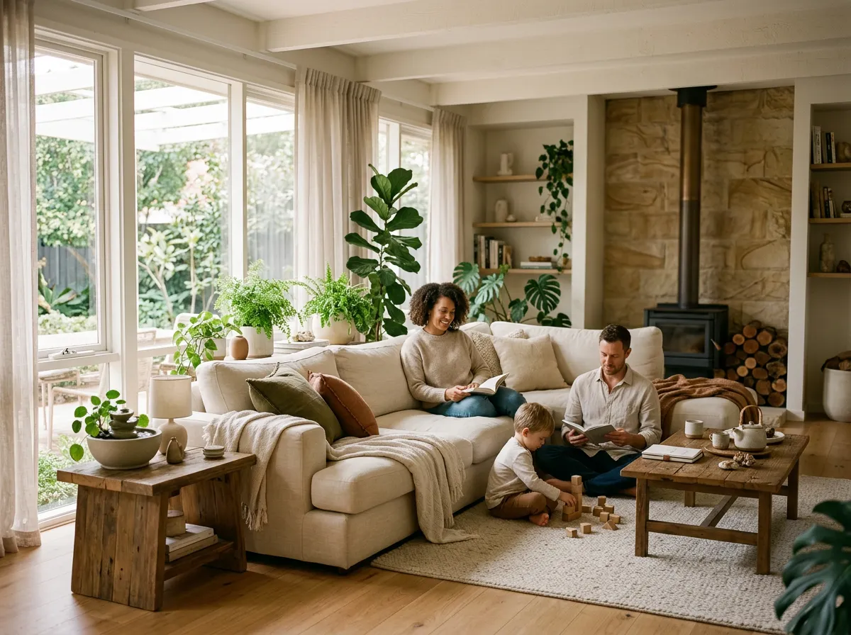 Warm wellness home living room with natural materials and plants