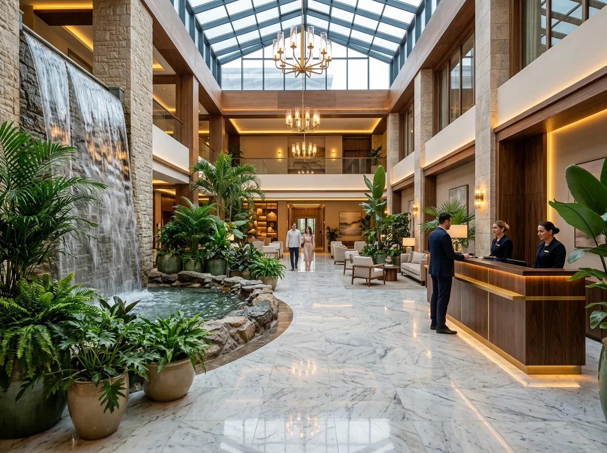 Luxury wellness hotel lobby with water feature and tropical plants