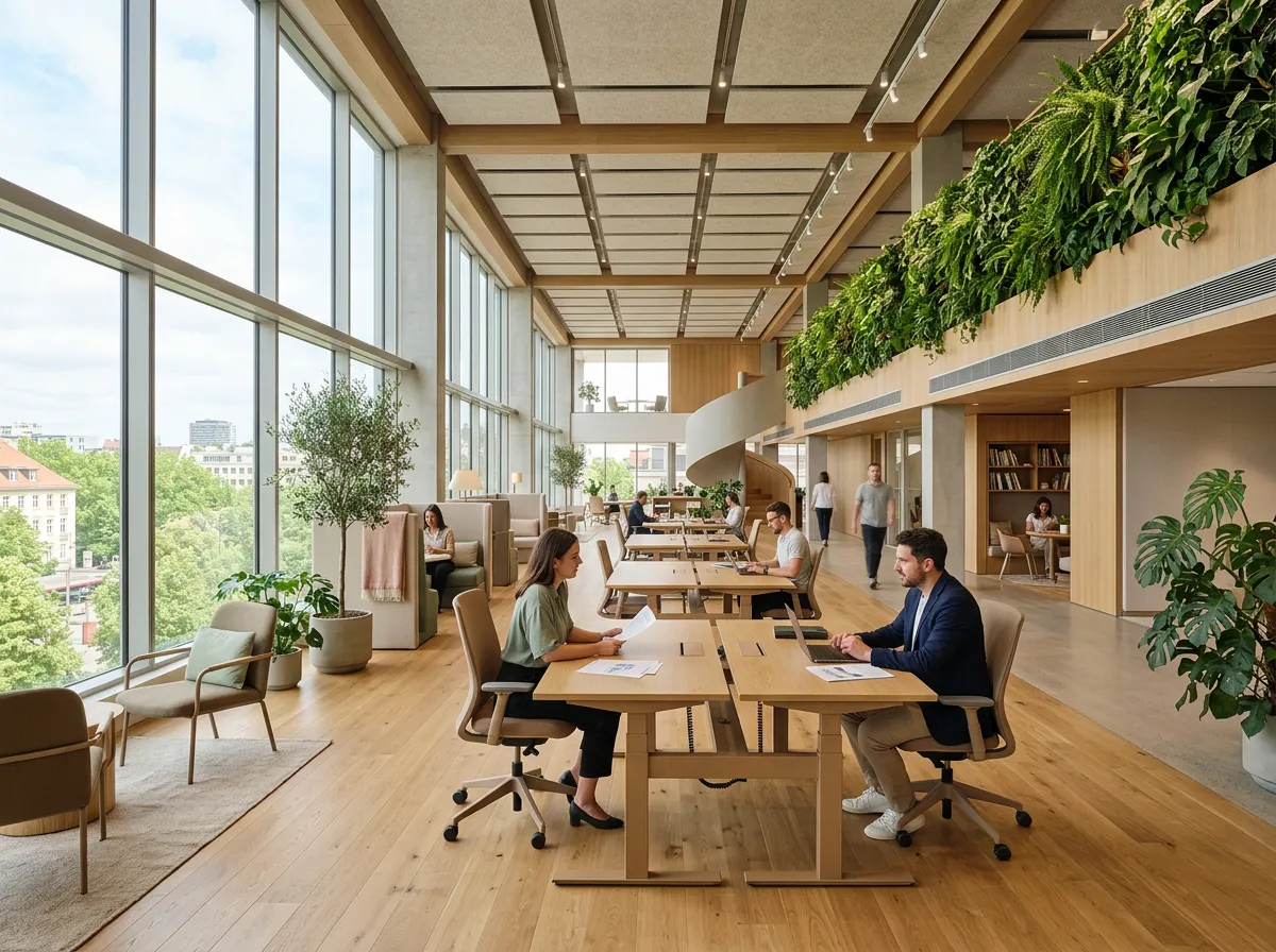 Modern biophilic office with natural light and living green walls